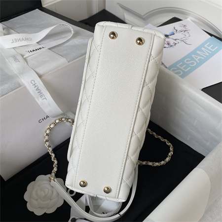 Cha.nel Small Coco Handle Bag Grained Calfskin Lt Gold Metal White A92990