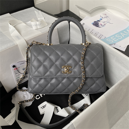Cha.nel Small Coco Handle Bag Grained Calfskin Lt Gold Metal Grey A92990
