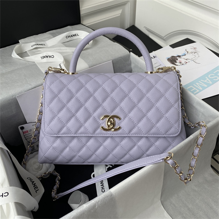 Cha.nel Large Coco Handle Bag Grained Calfskin Lt Gold Metal Lilac A92991