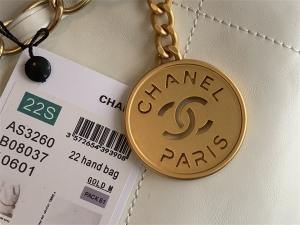 Cha.nel 22 Small Handbag Shiny Calfskin Gold Tone Metal White AS3260