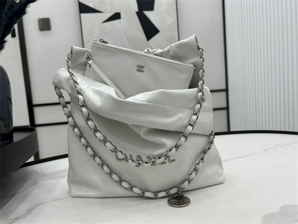 Cha.nel 22 Small Handbag Shiny Calfskin Silver Tone Metal White AS3260