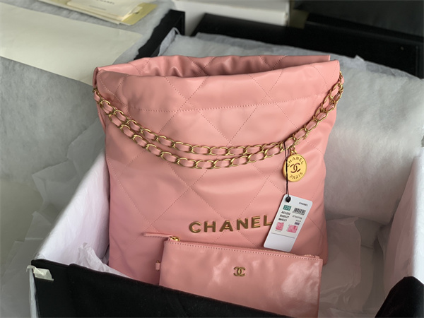 Cha.nel 22 Small Handbag Shiny Calfskin Gold Tone Metal Pink AS3260