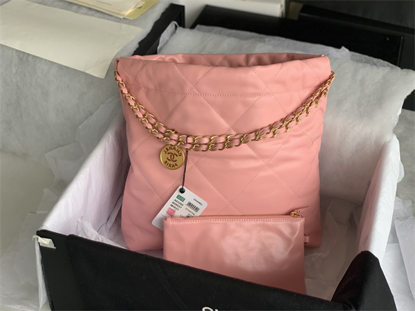 Cha.nel 22 Small Handbag Shiny Calfskin Gold Tone Metal Pink AS3260