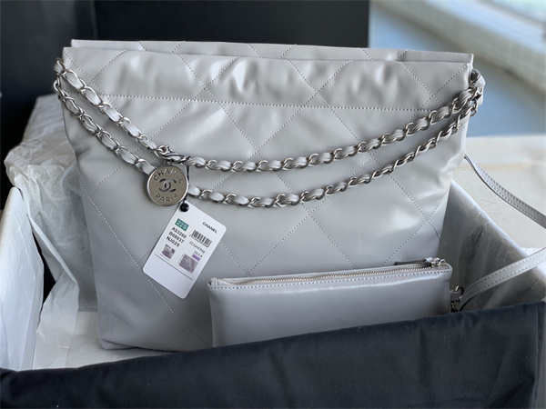 Cha.nel 22 Small Handbag Shiny Calfskin Silver Tone Metal Grey AS3260