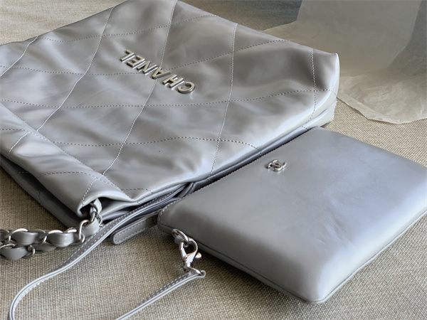 Cha.nel 22 Small Handbag Shiny Calfskin Silver Tone Metal Grey AS3260