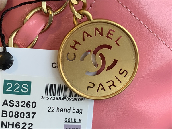 Cha.nel 22 Small Handbag Shiny Calfskin Gold Tone Metal Dk Pink AS3260