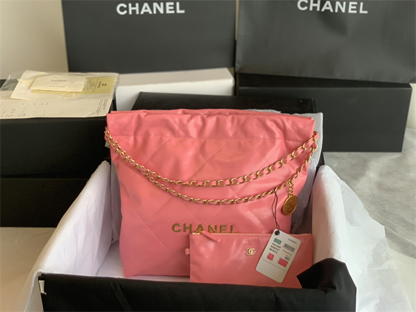 Cha.nel 22 Small Handbag Shiny Calfskin Gold Tone Metal Dk Pink AS3260