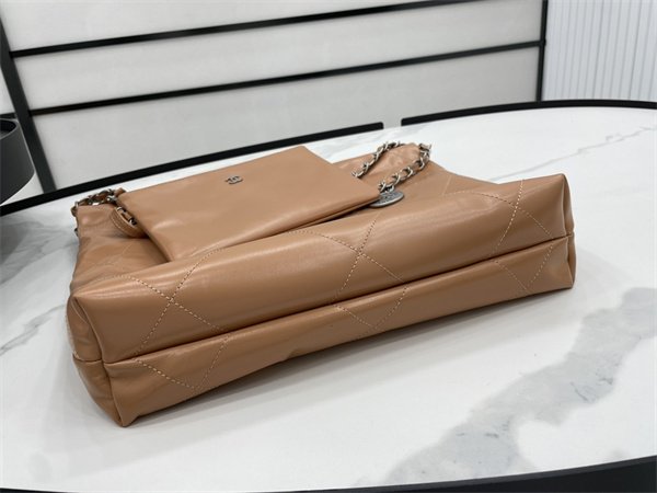 Cha.nel 22 Small Handbag Shiny Calfskin Silver Tone Metal Brown AS3260