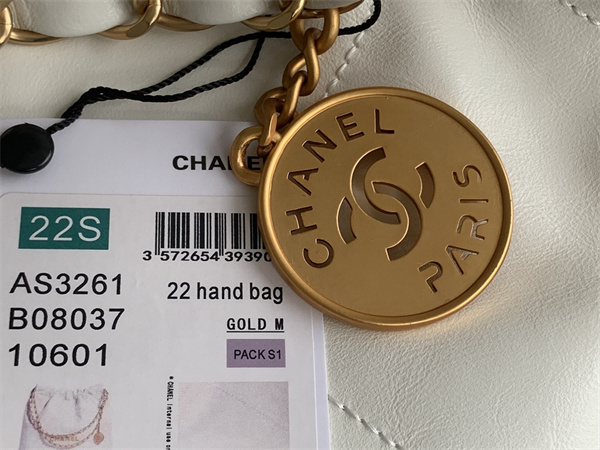 Cha.nel 22 Medium Handbag Shiny Calfskin Gold Tone Metal White AS3261