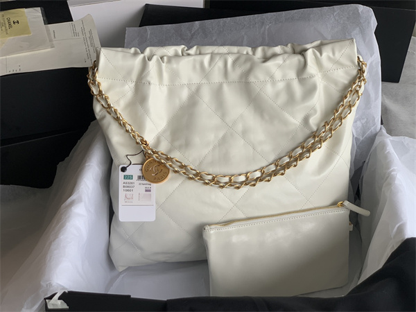 Cha.nel 22 Medium Handbag Shiny Calfskin Gold Tone Metal White AS3261