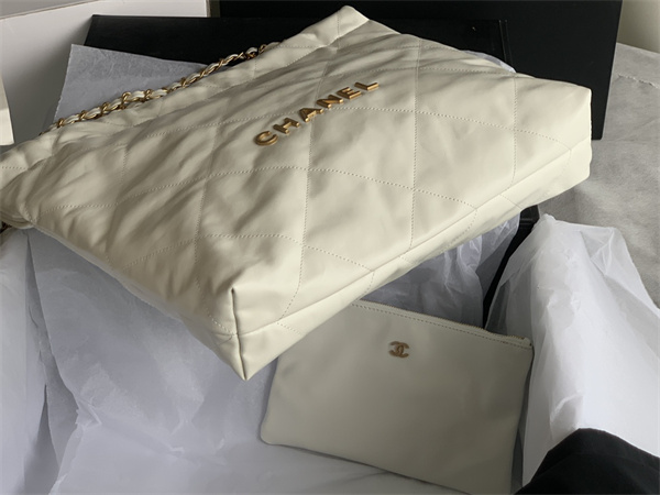 Cha.nel 22 Medium Handbag Shiny Calfskin Gold Tone Metal White AS3261