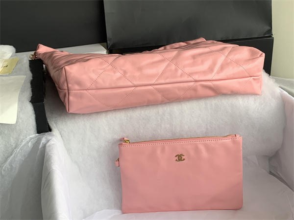 Cha.nel 22 Medium Handbag Shiny Calfskin Gold Tone Metal Pink AS3261