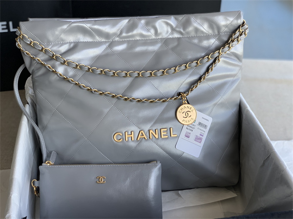 Cha.nel 22 Medium Handbag Shiny Calfskin Gold Tone Metal  Grey AS3261