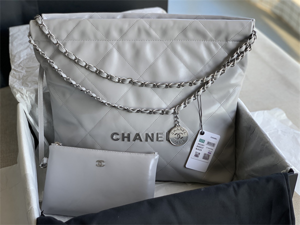Cha.nel 22 Medium Handbag Shiny Calfskin Silver Tone Metal Grey AS3261