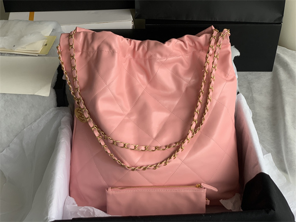 Cha.nel 22 Large Handbag Shiny Calfskin Gold Tone Metal Pink AS3262