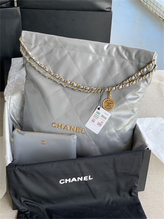 Cha.nel 22 Large Handbag Shiny Calfskin Gold Tone Metal Grey AS3262