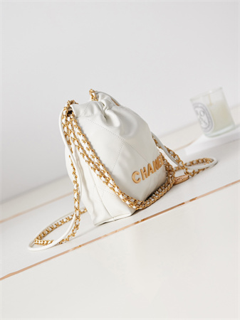 Cha.nel 22 Mini Handbag Shiny Calfskin Gold Tone Metal White AS3980