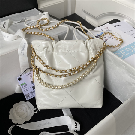 Cha.nel 22 Mini Handbag Shiny Calfskin Pearl Gold Tone Metal White AS3980