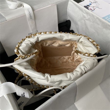 Cha.nel 22 Mini Handbag Shiny Calfskin Pearl Gold Tone Metal White AS3980