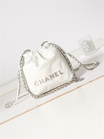 Cha.nel 22 Mini Handbag Shiny Calfskin Silver Tone Metal White AS3980