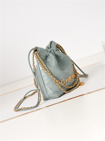 Cha.nel 22 Mini Handbag Shiny Calfskin Gold Tone Metal Mint AS3980