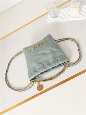 Cha.nel 22 Mini Handbag Shiny Calfskin Gold Tone Metal Mint AS3980