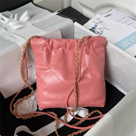 Cha.nel 22 Mini Handbag Shiny Calfskin Gold Tone Metal Pink AS3980