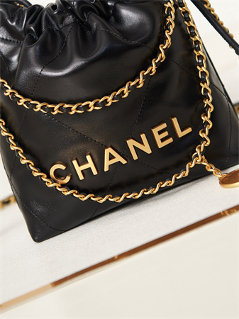 Cha.nel 22 Mini Handbag Shiny Calfskin Gold Tone Metal Black AS3980