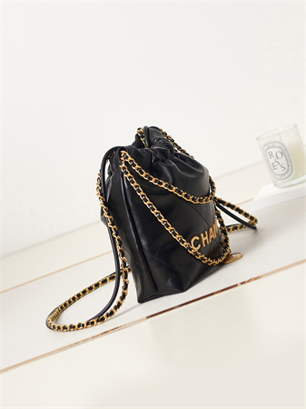 Cha.nel 22 Mini Handbag Shiny Calfskin Gold Tone Metal Black AS3980