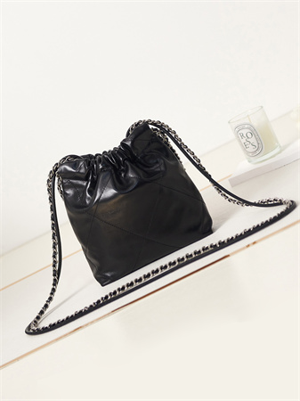 Cha.nel 22 Mini Handbag Shiny Calfskin Silver Tone Metal Black AS3980