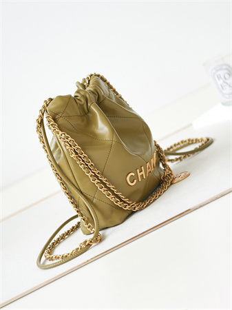 Cha.nel 22 Mini Handbag Shiny Calfskin Gold Tone Metal Mustard AS3980