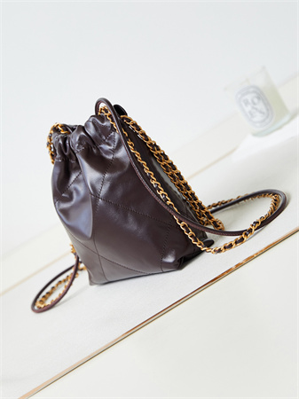 Cha.nel 22 Mini Handbag Shiny Calfskin Gold Tone Metal Coffee AS3980