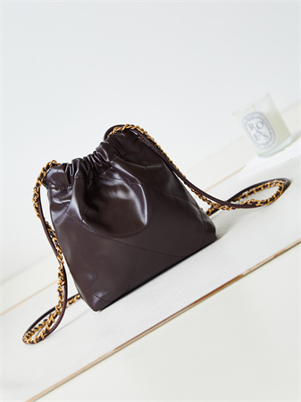 Cha.nel 22 Mini Handbag Shiny Calfskin Gold Tone Metal Coffee AS3980