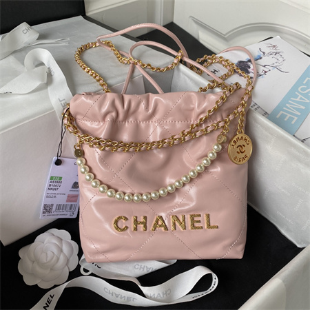 Cha.nel 22 Mini Handbag Shiny Calfskin Pearl Gold Tone Metal Pink AS3980