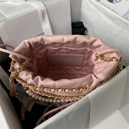 Cha.nel 22 Mini Handbag Shiny Calfskin Pearl Gold Tone Metal Pink AS3980