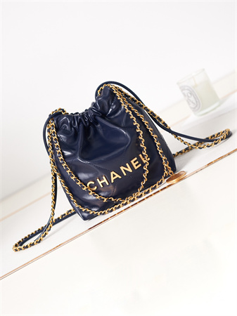 Cha.nel 22 Mini Handbag Shiny Calfskin Gold Tone Metal Navy AS3980