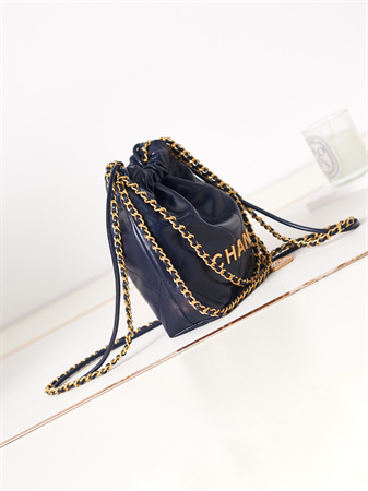 Cha.nel 22 Mini Handbag Shiny Calfskin Gold Tone Metal Navy AS3980