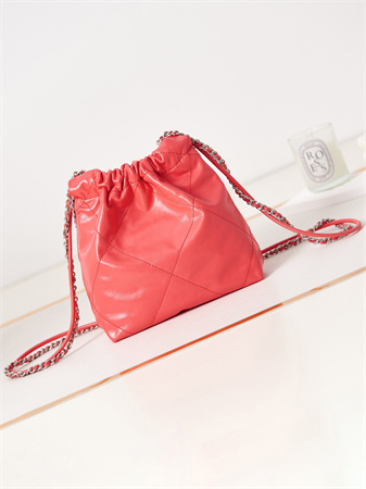 Cha.nel 22 Mini Handbag Shiny Calfskin Silver Tone Metal WaterMelon Red AS3980