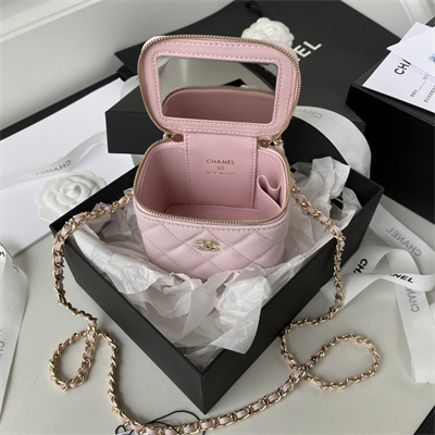 Cha.nel Vanity Case Grained Calfskin Gold Tone Metal Pink AP1340