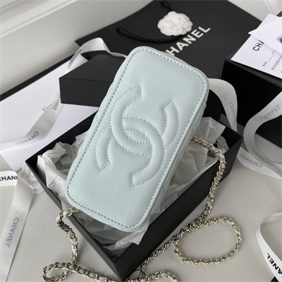 Cha.nel Vanity Case Grained Calfskin Gold Tone Metal Pale Blue AP1341
