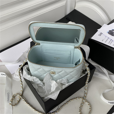 Cha.nel Vanity Case Grained Calfskin Gold Tone Metal Pale Blue AP1341