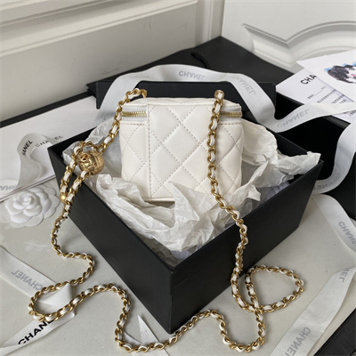 Cha.nel Vanity Case With Ball Lambskin Gold Tone Metal White AP1447