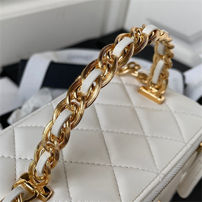 Cha.nel Vanity Case With Top Handle Lambskin Gold Tone Metal White AP3315