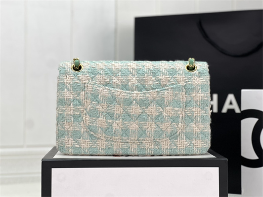 Cha.nel Mini Classic Flap Bag Tweed Gold Tone Metal Green A01116