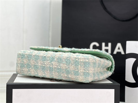 Cha.nel Mini Classic Flap Bag Tweed Gold Tone Metal Green A01116
