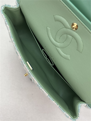 Cha.nel Mini Classic Flap Bag Tweed Gold Tone Metal Green A01116