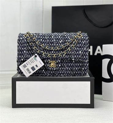 Cha.nel Mini Classic Flap Bag Tweed Gold Tone Metal Navy A01116