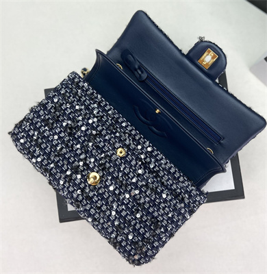 Cha.nel Mini Classic Flap Bag Tweed Gold Tone Metal Navy A01116
