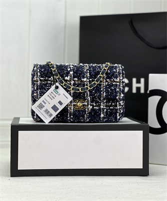 Cha.nel Mini Classic Flap Bag Tweed Gold Tone Metal Navy A01116