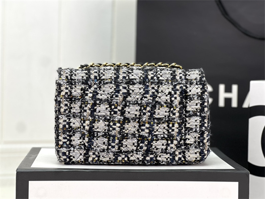Cha.nel Mini Classic Flap Bag Tweed Gold Tone Metal Black A01116